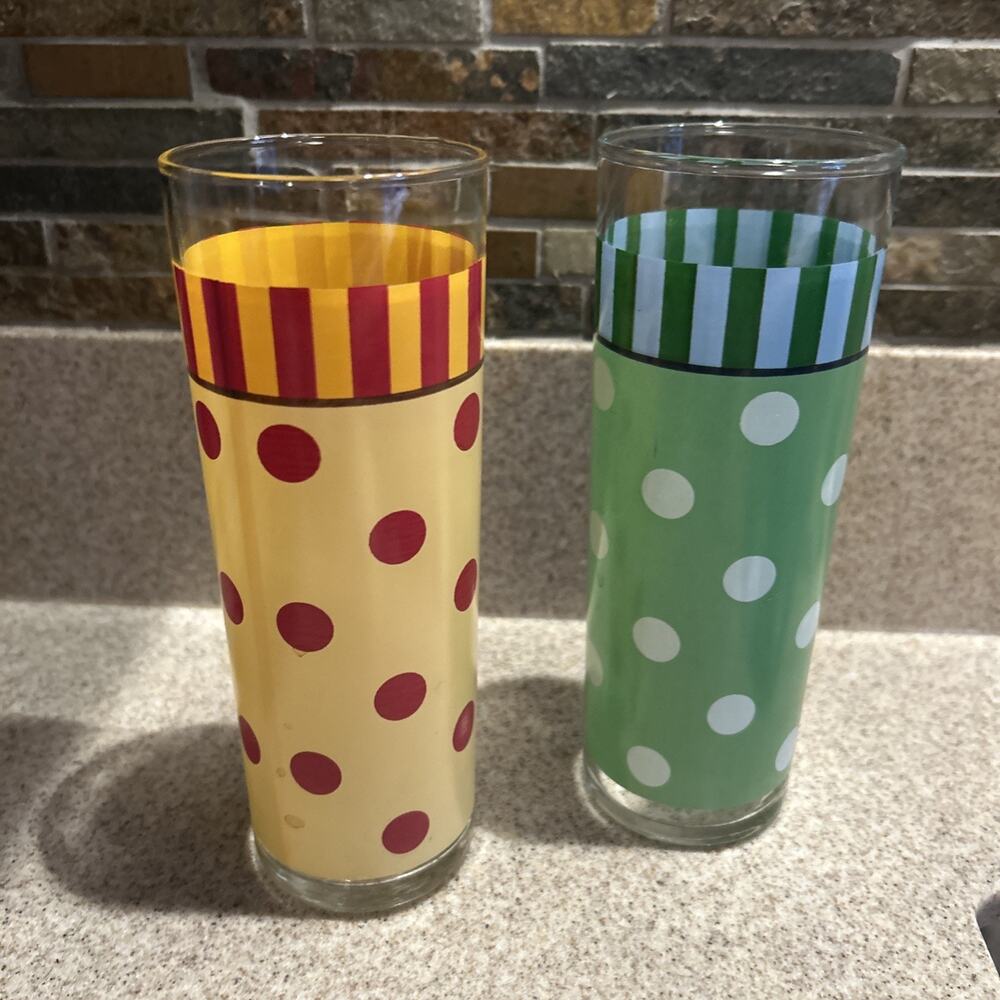 Retro Polka Dot Tall Drinking Glasses Yellow Green Striped Band Set 2 Fun!